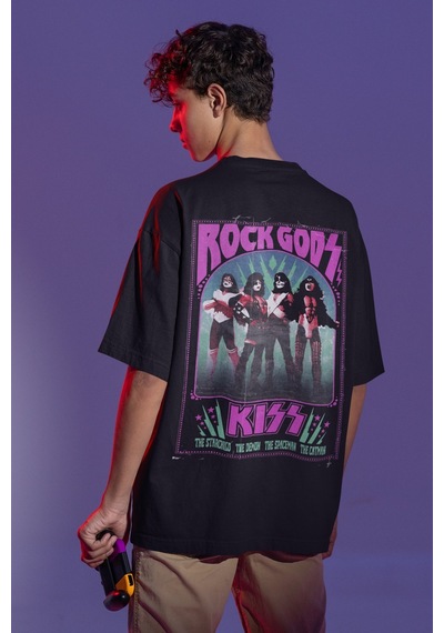 Kiss Rock Metal Sırt Baskılı Unisex Oversize Müzik Grubu Tişört Siyah