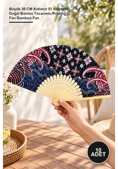 10 Adet Bambu Yelpaze Büyük 30 Cm Katlanır El Yelpazesi, Doğal Bambu Tasarımlı, Folding Fan Bamboo Fan
