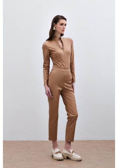Sateen Yüksek Bel Deri Pantolon - Camel-135287 Camel