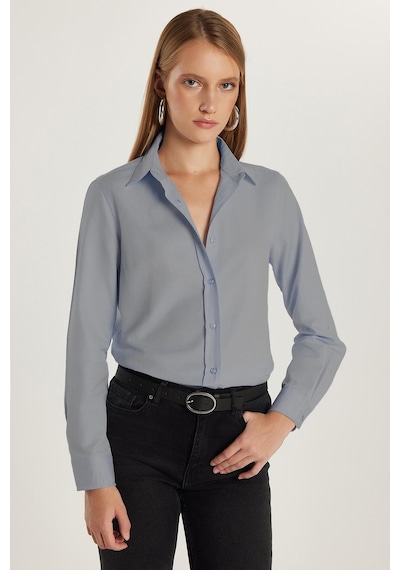 Tudors Kadın Slim Fit Dar Kesim Uzun Kollu Pamuklu Vücuda Oturan Dokulu Açık Lacivert Basic Gömlek-38818 Açık Lacivert