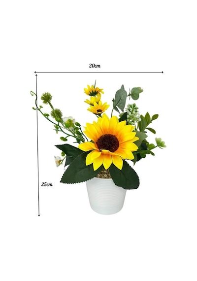 Yapay Çiçek Ay Çiçeği Aranjmanı Beyaz Plastik Saksılı 25cm Dekoratif Süs Çiçeği