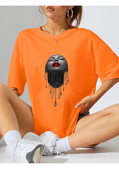 Uyguntarz Unisex Pırlantalı Kadın Portresi Tasarım Basklı Tshirt Turuncu