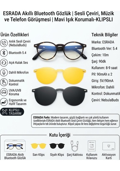 Esrada Akıllı Bluetooth Gözlük Sesli Çeviri, Müzik Ve Telefon Görüşmesi Mavi Işık Korumalı- Klıpslı Es222 C02 49