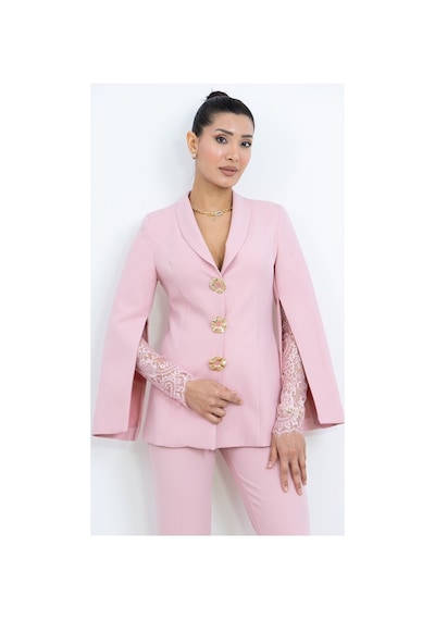 Dorne Moda Özel Koleksiyon Dantel Detaylı Takım Elbise - Düğün - Mezuniyet - Ofis Şıklığı Pembe