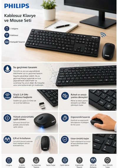 Philips SPT6602B/62 2.4GHz 104 Tuş 1000 DPI Mouse Kablosuz Klavye Mouse Seti