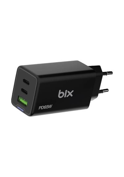 Bix Bx3p66g 65w Gan 2 Type-c Pd 3.0 Ve Usb-a Qc Üç Portlu Hızlı Şarj Adaptörü Laptop Telefon Uyumlu Siyah