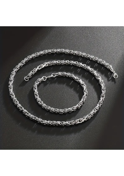 Silver Renk Tamamı Saf Çelik Kral Erkek Kolye Bileklik Set 4mm Gümüş