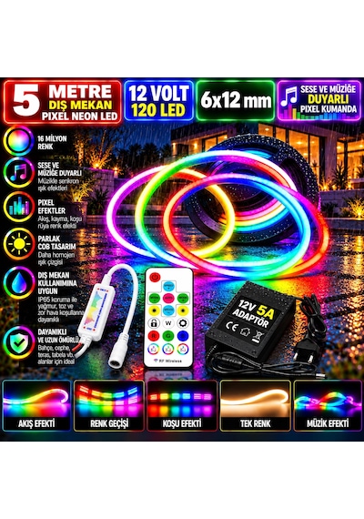 5m 12v 6x12mm 120 Ledli Dış Mekan Pixel Neon Led 5a Laptop Adaptör Sese Ve Müziğe Duyarlı Pixel Kuma