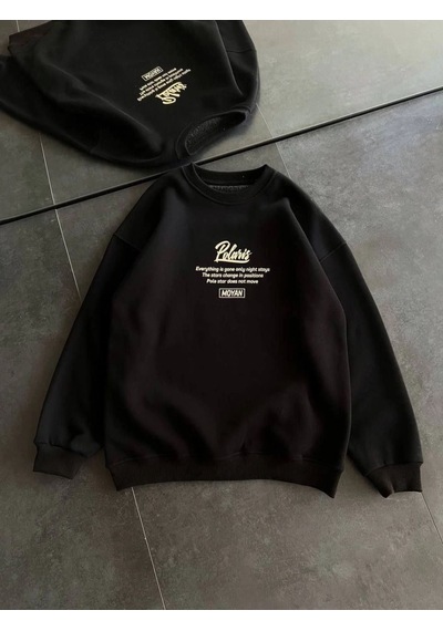 Mbb E-ticaret Kadın 3 İplik Pamuklu Bisiklet Yaka Baskılı Sweatshirt - Siyah
