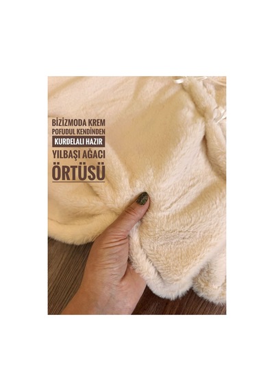 Yılbaşı Çam Ağacı Örtüsü 150 Cm Krem Yuvarlak Pofuduk Lüks