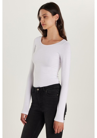 Tudors Kadın Slim Fit Dar Kesim Uzun Kollu Viskon Beyaz Bluz-35201 Beyaz