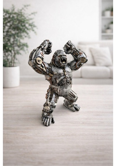Dekoratif Mekanik Goril Biblo 28 Cm Metal Görünümlü Modern Heykel Obje