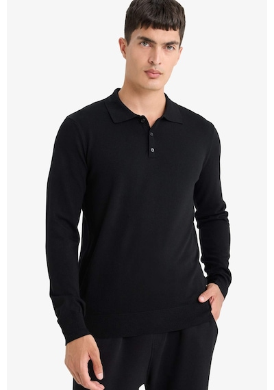 Defacto Standart Fit Polo Yaka Premium Düğmeli Triko Kazak D0454AX24AU Siyah