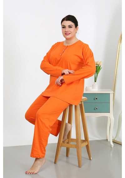 Akbeniz Kadın Büyük Beden Uzun Kol Penye Pijama Takımı Turuncu 202501 Turuncu
