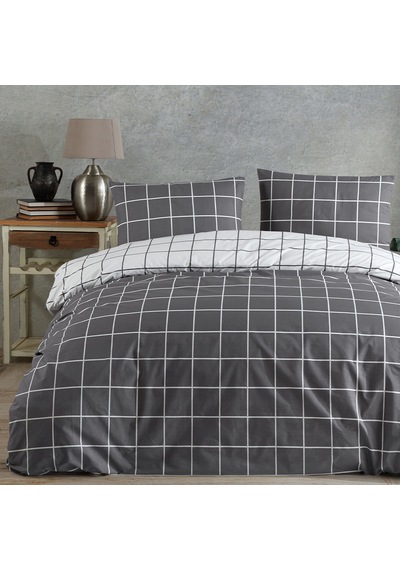%100 Pamuklu Çift Kişilik Nevresim Takımı 200x220 4 Yastık Kılıflı Lastikli Çarşaflı 180x200+25 Antrasit Beyaz