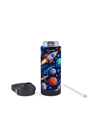 Puccon 540 Ml Uzay Ve Roket Baskılı Siyah - Lacivert Erkek Çocuk Pipetli Çelik Termos Matara/suluk - 60053