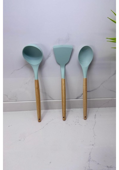 Albergio Ahşap Saplı Silikon Mutfak Seti 32 Cm Kaşık-kepçe-spatula Mint Yeşili Genel