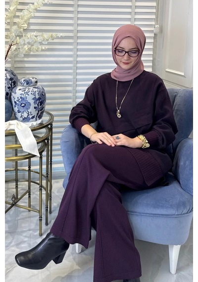 Rabia Şamlı Miray Triko-modal Pantolonlu Takım Mürdüm Normal