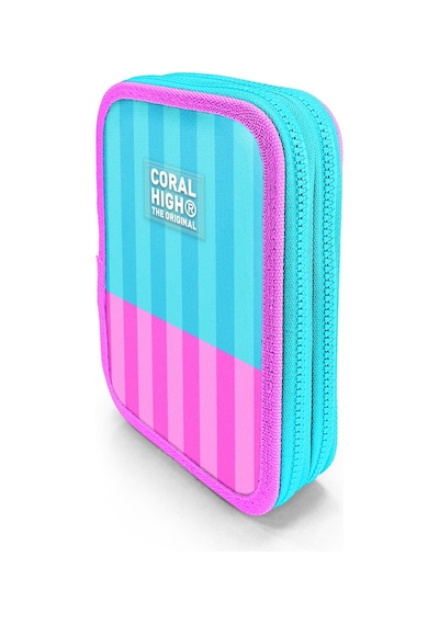 Coral High Kids Turkuaz Pembe Çizgili Desenli Çift Katlı Kalem Çanta 31120 Turkuaz