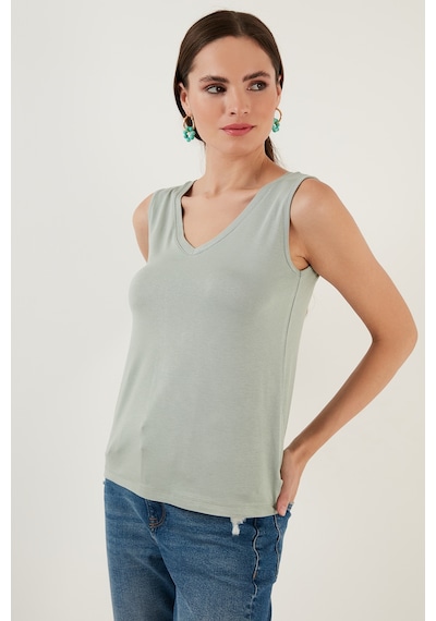 Lela Slim Fit V Yaka Kalın Askılı 2' Li Paket Bayan Bluz 5864384S2 Çağla-Oranj