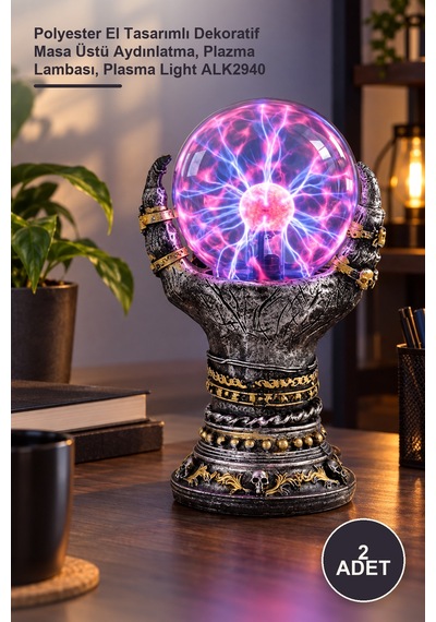2 Adet Plazma Işık Polyester El Tasarımlı Dekoratif Masa Üstü Aydınlatma, Plazma Lambası, Plasma Light Alk2940