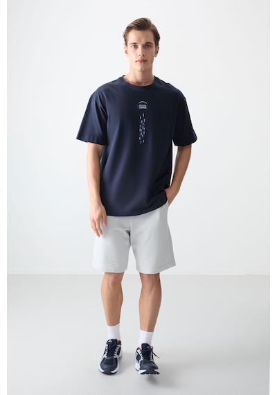 Air Jones Tommy Life Lacivert %100 Pamuk Kalın Yumuşak Dokulu Oversize Fit Baskılı Erkek T-shirt - 88355 Lacivert