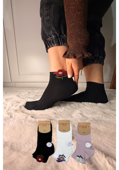 Ozzy Socks 3 Çift Kadın Taş Detaylı Dikişsiz & Takviyeli Patik Çorap Kahverengi