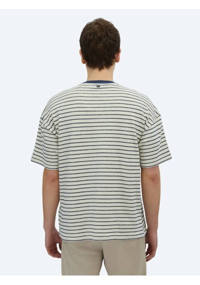 Kip Ekru Çizgili Bisiklet Yaka %100 Pamuk T-shirt Ekru