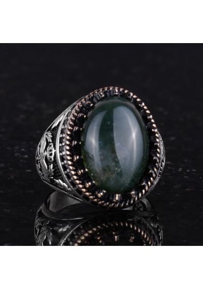 Gerçek Doğal Taş Yüzük - El Yapımı Kartal Yüzüğü - 925 Ayar Gümüş Moss Agate Yüzük Gümüş