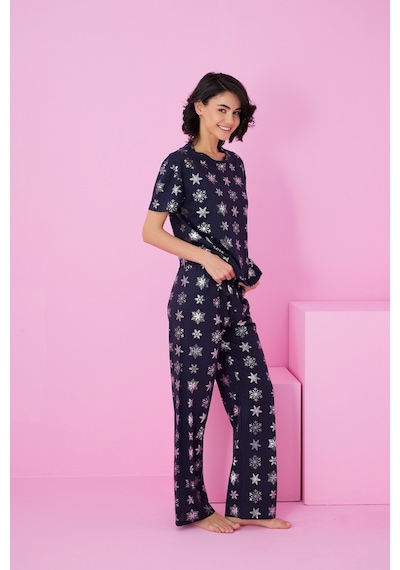 Siyah İnci Örme Pijama Takım7845 Lacivert Kar Tanesi