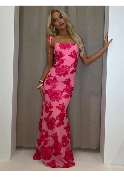 Pink Life Pembe Ayarlanabilir Askılı Çiçekli Astarlı Maksi Pembe