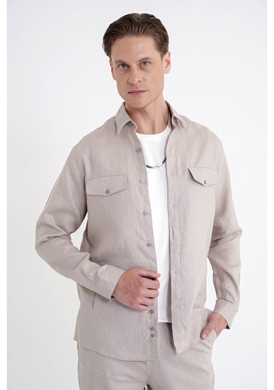 Comfort Fit Yan Cepli %100 Keten Taş Gömlek Ceket G 1602 Comfort Fit Yan Cepli %100 Keten Taş Gömlek Ceket G 1602