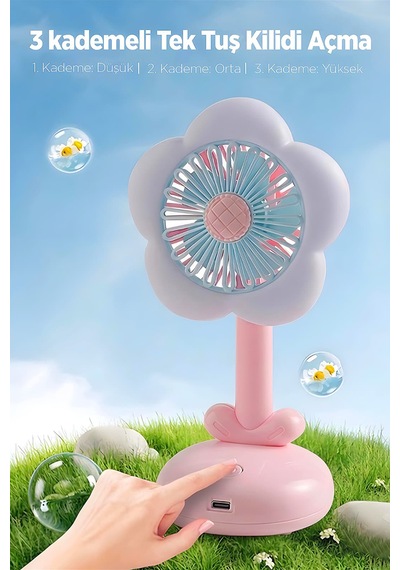 Işıklı Çiçek Tasarımlı Mini Fan Mavi 3 Kademeli Masaüstü Vantilatör Pembe
