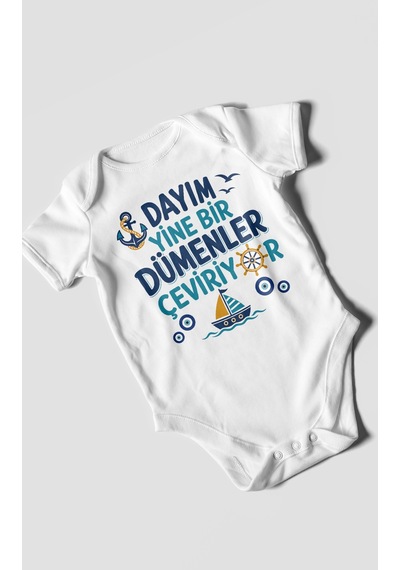 Morivokids Dayım Yine Bir Dümenler Çeviriyor Kısa Kollu Bebek Body %100 Pamuk Beyaz