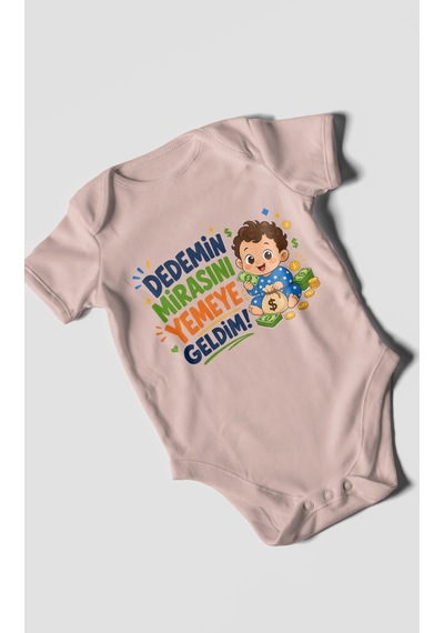 Morivokids Dedemin Mirasını Yemeye Geldim Kısa Kollu Bebek Body %100 Pamuk Pastel Pembe