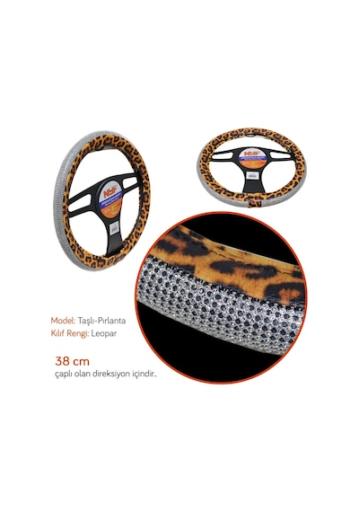 Nyf F-396 Geçmeli Direksiyon Kılıfı Taşlı Pırlanta Leopar Sarı 38 Cm