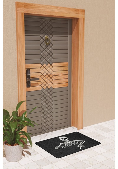 Rugmood Modern Dijtal Baskı Siyah Hoşgeldiniz İskelet Kapı Önü Paspası