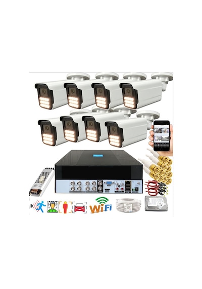 8 Li Araç İnsan Yüz Tanımalı Hareket Algılayan 5 Mp Lens 12 Warm Led Gece Renkli Kamera Seti 5915w-p
