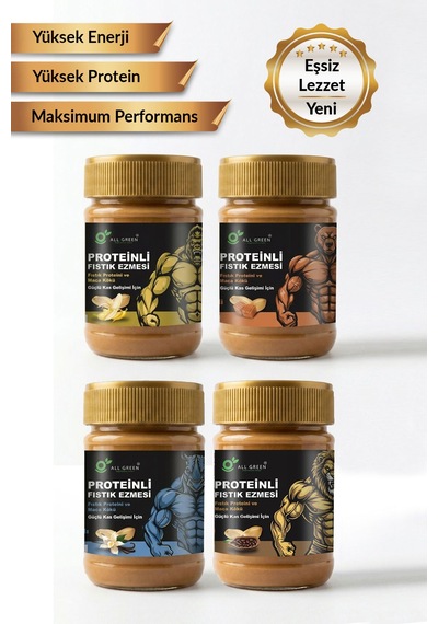 4'lü Paket: Proteinli Fıstık Ezmesi Karamel, Muz, Vanilya, Kakao Fıstık Proteini, Maca Kökü Tozu İle 325 Gr X 4