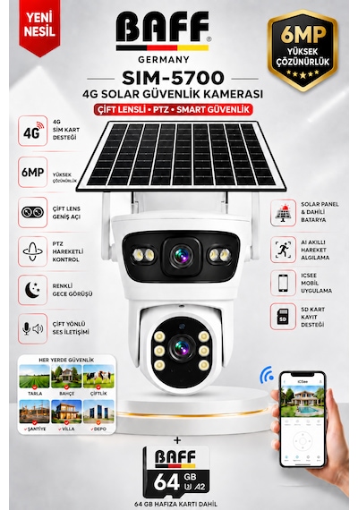 SIM-5700 6MP 4G SIM Kartlı Solar Güvenlik Kamerası Çift Lens PTZ Renkli Gece Görüşlü Dış Mekan + 64GB Hafıza Kartı Dahil