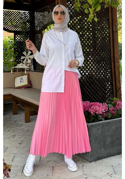 Rabia Şamlı Eliz Pembe Plise Etek Normal