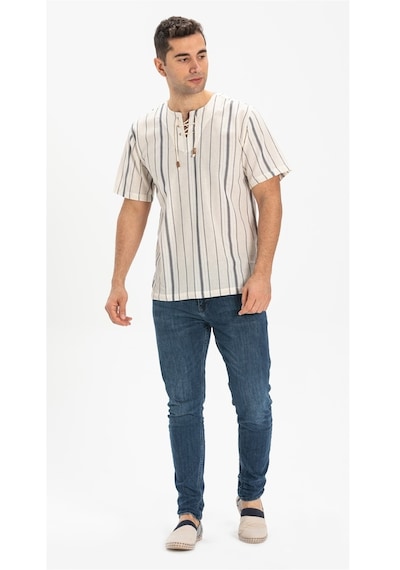 Kısa Kol Şile Bezi Zımbalı Erkek Tshirt Ekru Gri Çizgili 3028
