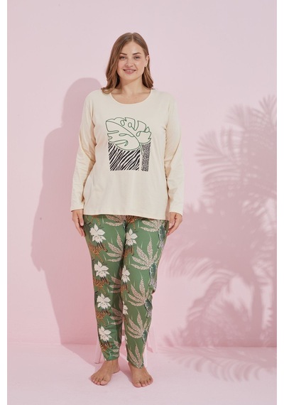 Siyah İnci Pamuklu Curve Büyük Beden Battal Boy Örme Pijama Takım24240745 Krem