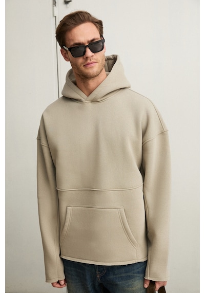 Grımelange Colega Erkek Yumuşak İçi Polarlı Organik Pamuklu Kanguru Cepli Taş Rengi Sweatshirt Taş Rengi