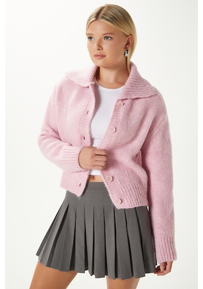 Ritnice Kadın Lean Yumuşak Doku Polo Yaka Pembe Basic Triko Hırka Hı00179 Pembe