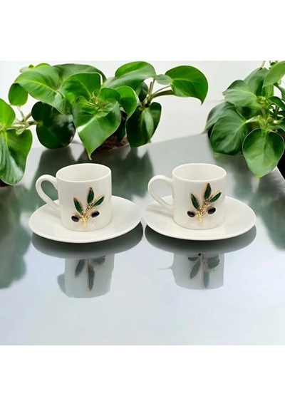 El Yapımı Zeytin Dalı - 4 Parça 2 Kişilik Kahve Fincan Takımı 80 Ml- Seramik Türk Kahve Bardağı Diğer