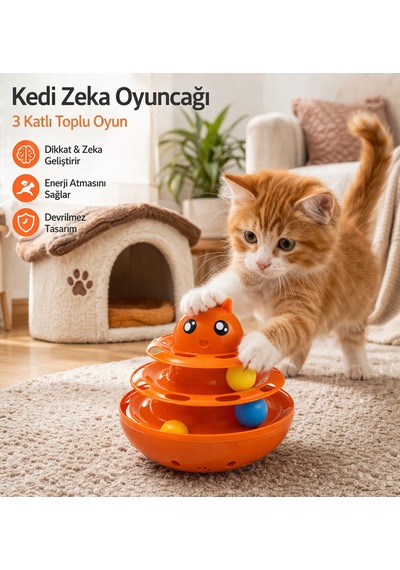 Hacıyatmaz Kedi Oyuncağı 3 Katlı Toplu Zeka Oyuncağı 20x21 Cm Devrilmez Interaktif Mama Oyuncağı