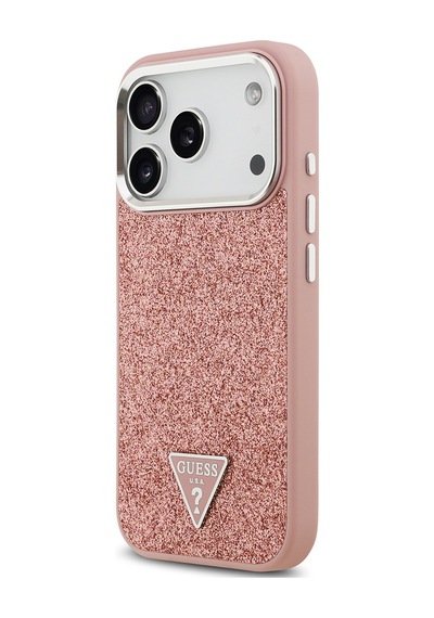 Apple Uyumlu iPhone 17 Pro  Kılıf Guess Lisanslı M-safeli Metal Kamera Çerçeveli Üçgen Logolu Glitter Pembe Pembe