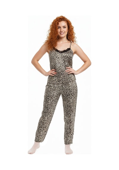 Altı Uzun Üstü Askılı Yumuşak Leopar Desenli Pijama Takımı Kahverengi