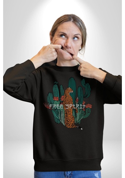 Kaktüs Çita Unisex Siyah Baskılı Sweatshirt Siyah